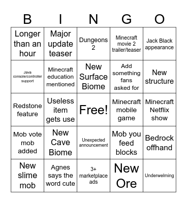 Minecraft Live Bingo Card