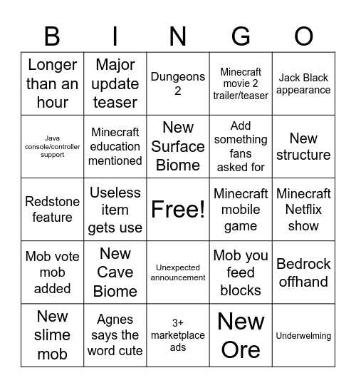 Minecraft Live Bingo Card