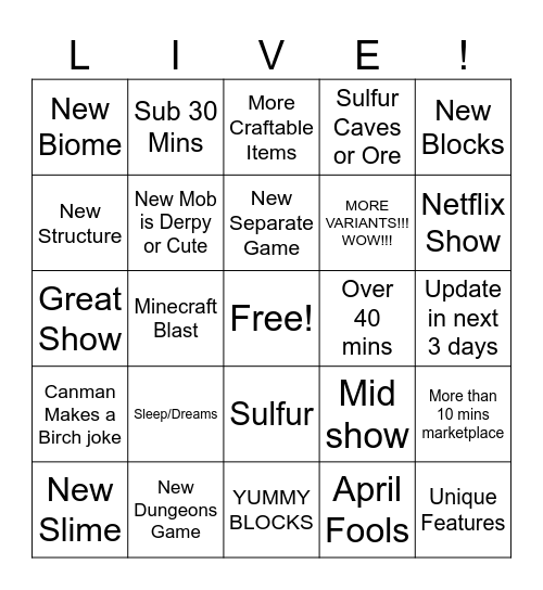 MARCH 2026 MINECRAFT LIVE! Bingo Card