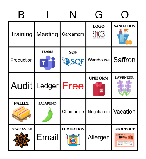 Spices Bingo Card