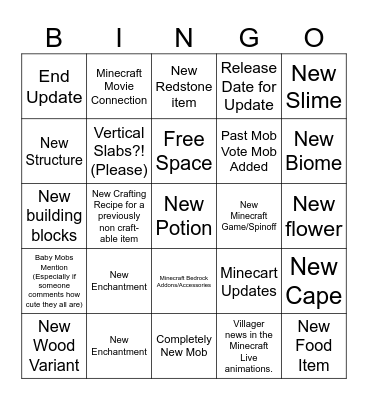 Minecraft Live Bingo Card