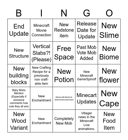 Minecraft Live Bingo Card