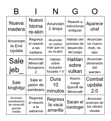 Minecraft Live Bingo Card