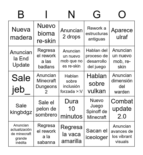 Minecraft Live Bingo Card