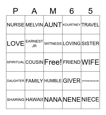 PAM JARRETT BINGO Card