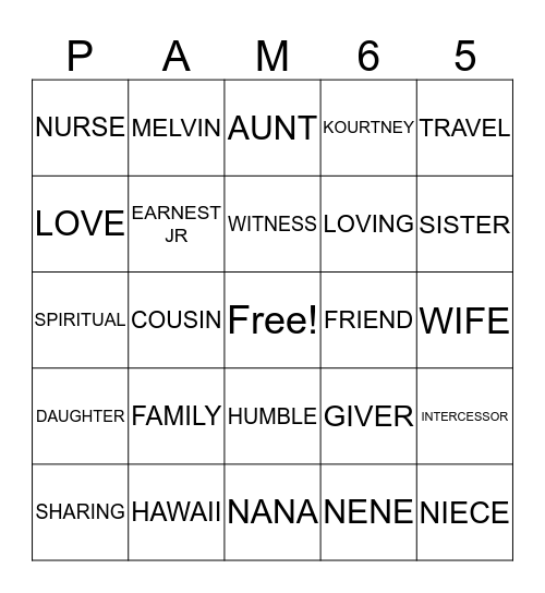 PAM JARRETT BINGO Card