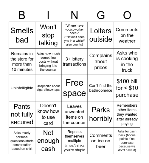 Gas Station Cashier Bingo Card
