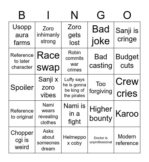 One piece live action Bingo Card