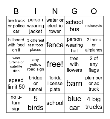 Roadtrip Bingo! Bingo Card