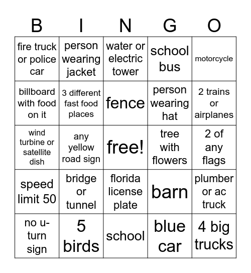 Roadtrip Bingo! Bingo Card