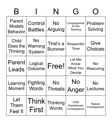 Love and Logic Bingo Card