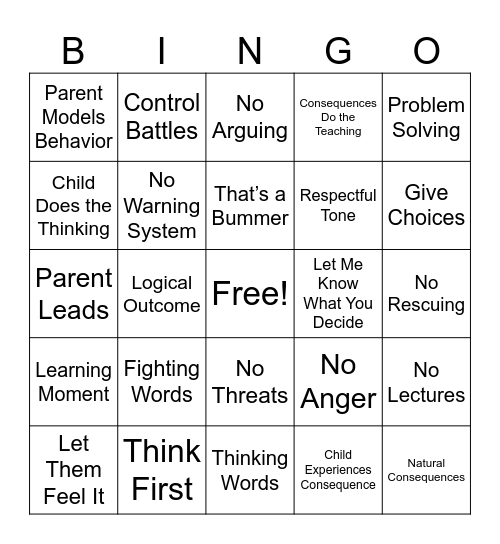 Love and Logic Bingo Card