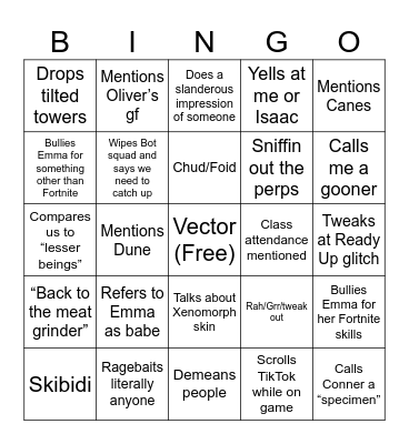 Nathan Slander Bingo Card