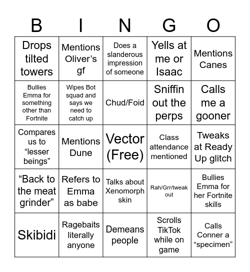 Nathan Slander Bingo Card