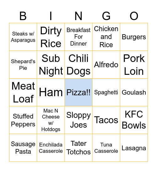Dinner Bingo Card
