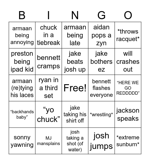 Men’s Team (Spring Break Edition) Bingo Card