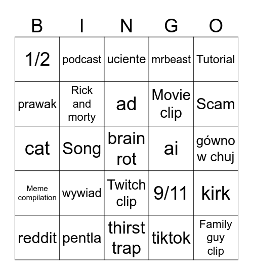 YouTube shorts Bingo Card