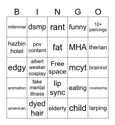 cringe comp Bingo Card