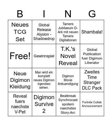 Digimon Livestream Bingocard Bingo Card