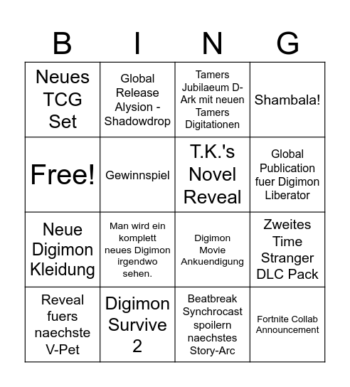 Digimon Livestream Bingocard Bingo Card