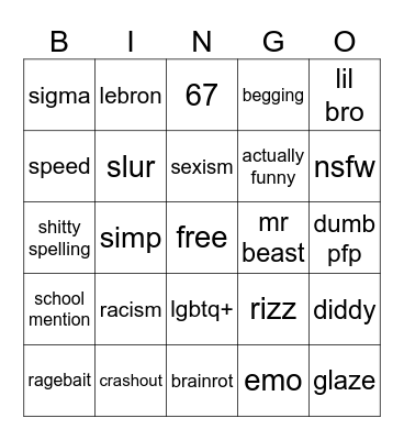 gen z comment Bingo Card