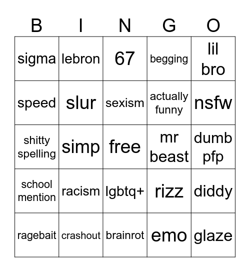 gen z comment Bingo Card