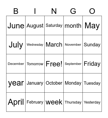 Months and Days Bingo Card