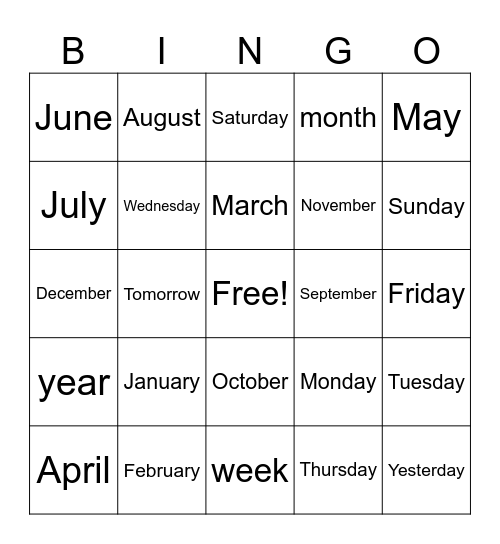 Months and Days Bingo Card