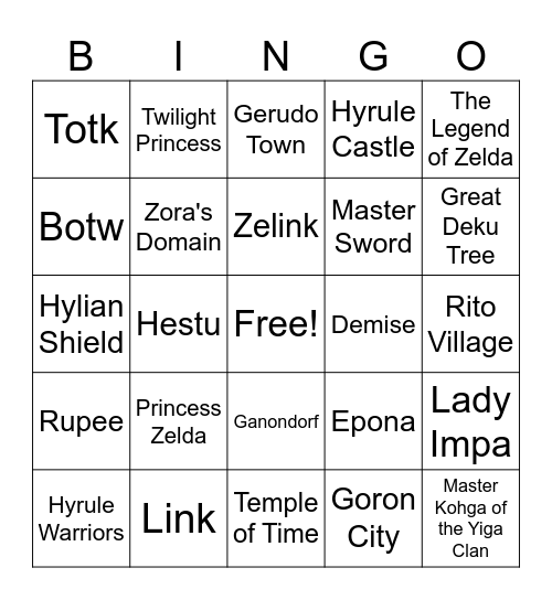 Zelda Infinite Craft Bingo Card