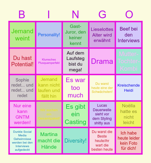 GNTM Bullshit Bingo Folge 8 Bingo Card