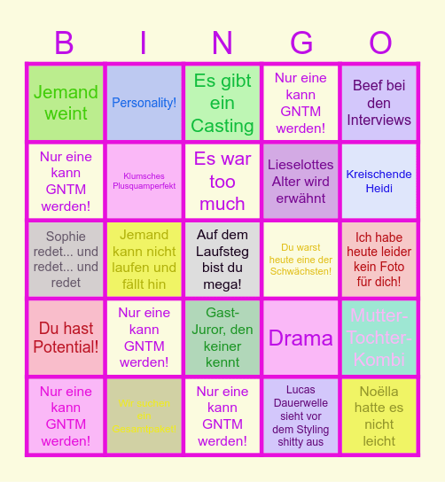 GNTM Bullshit Bingo Folge 8 Bingo Card