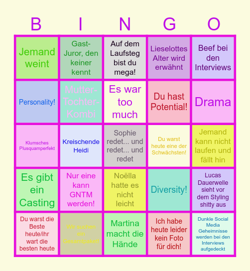 GNTM Bullshit Bingo Folge 8 Bingo Card