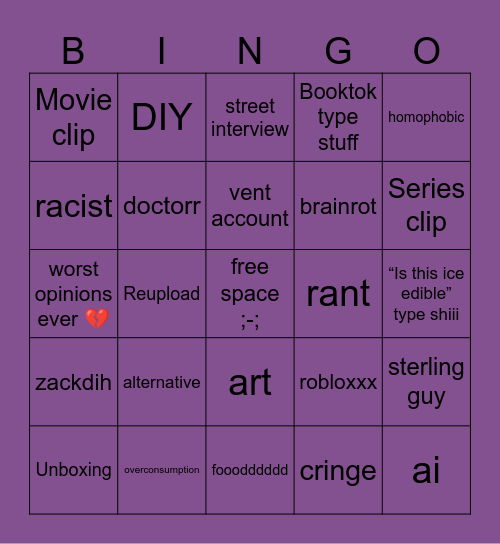 YouTube shorts Bingo Card
