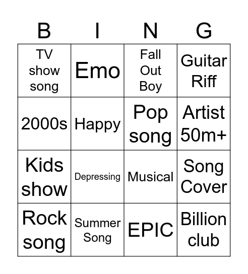 Music Bingo Card