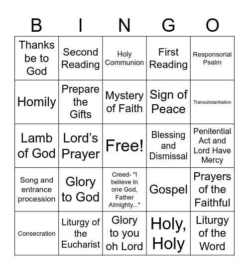 The Parts of Catholic Mass Bingo Card