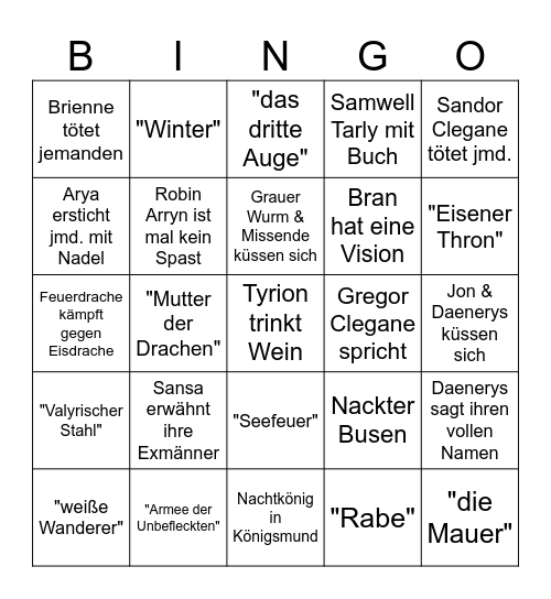Game of Thrones Bingo Card