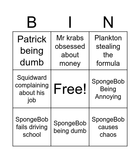 SpongeBob bingo Card