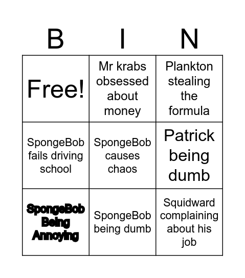 SpongeBob bingo Card