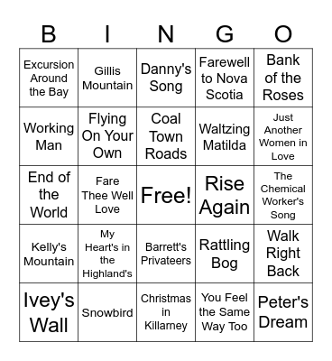 East Coast Music Bingo Card