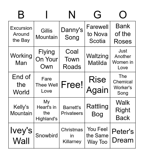 East Coast Music Bingo Card