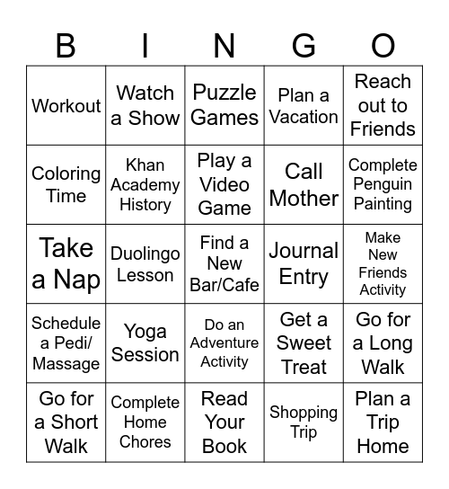 Self Care Bingo Card