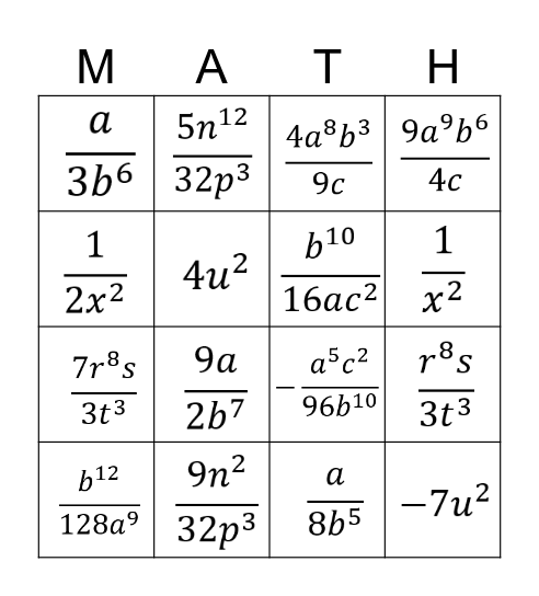 Exponent Operation Practice Bingo Card