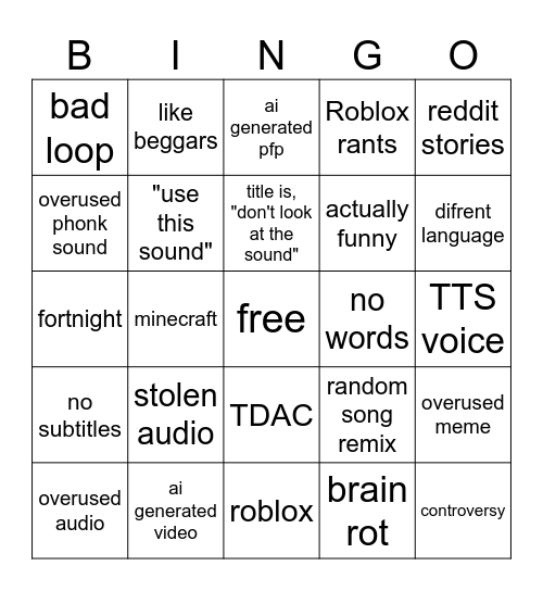 yt short bingo Card