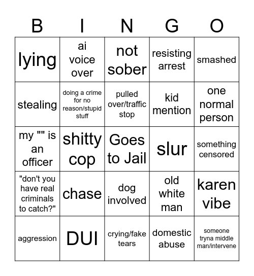 Body Cam Bingo Card
