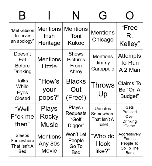 Ryan Cleary Spring Break 2025 Bingo Card