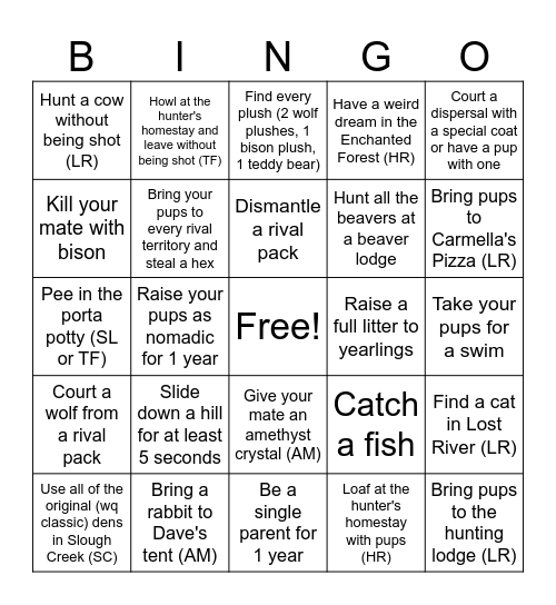 Wolfquest Bingo Card