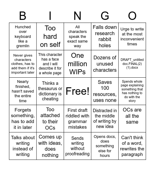 Bad Habit Writer Bingo Card
