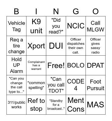 Police Dispatcher Bingo Card
