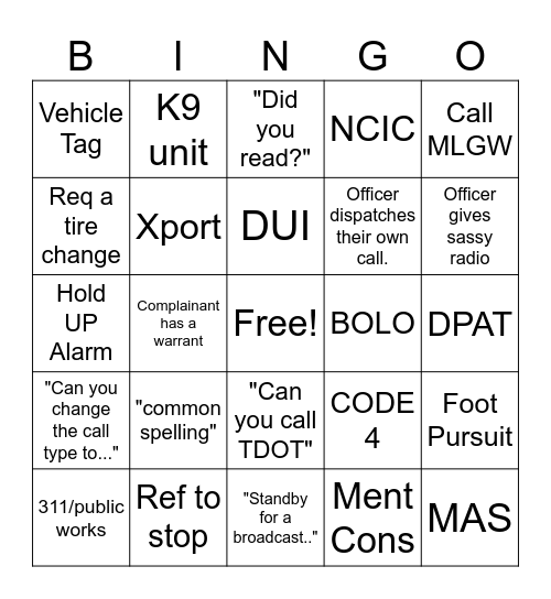 Police Dispatcher Bingo Card