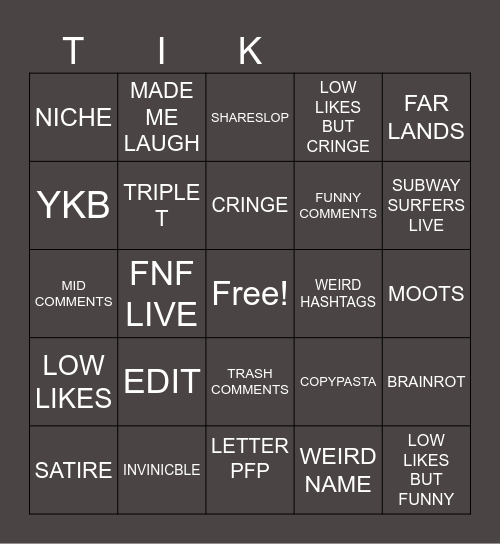 TIKTOK Bingo Card